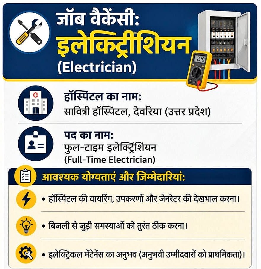 सावित्री हॉस्पिटल देवरिया में फुल टाइम इलेक्ट्रीशियन की आवश्यकता है !